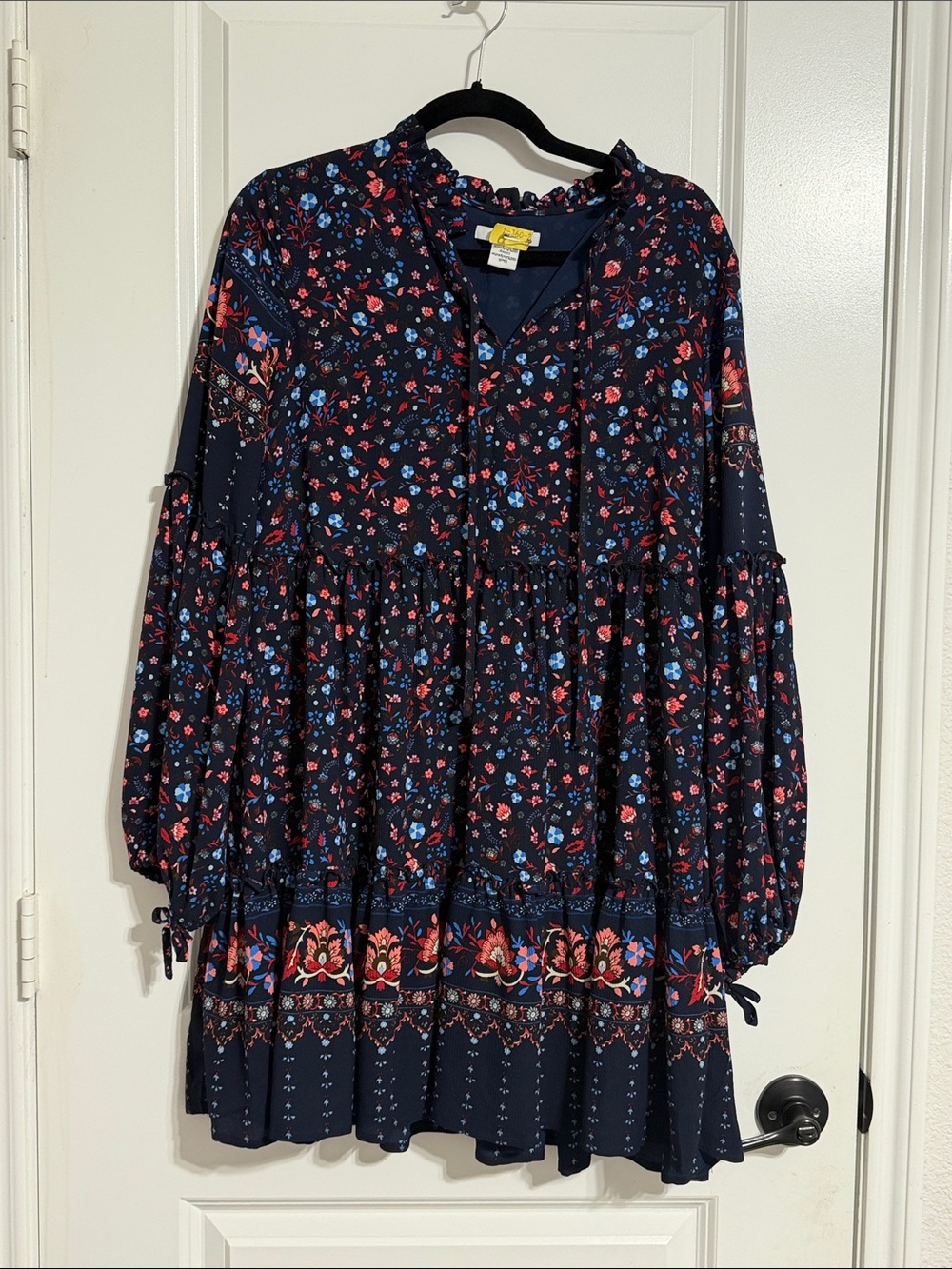 Women’s Navy Floral Tiered Boho Dress with Long Sleeves